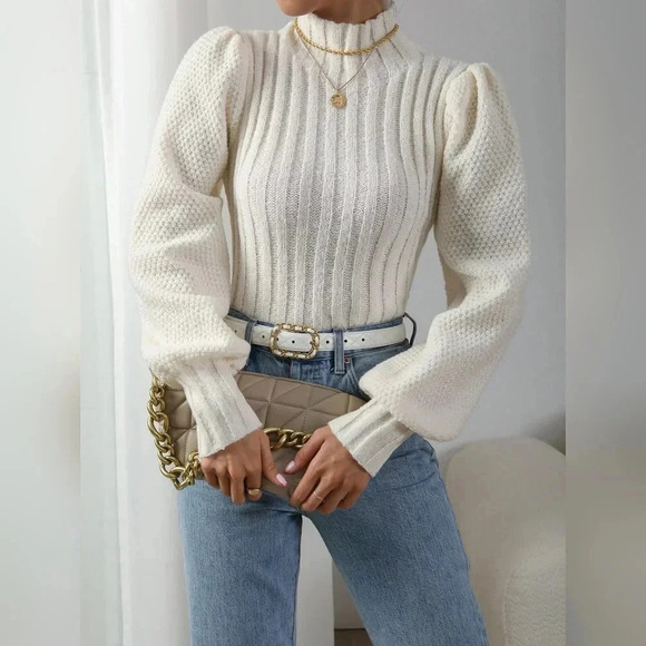 Mock Neck Lantern Sleeve Sweater - Picture 1 of 6